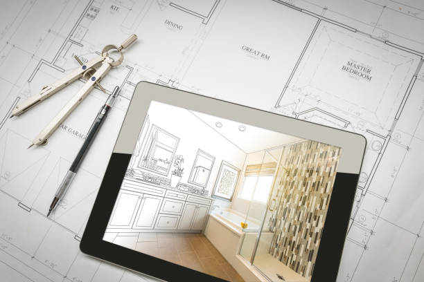 ordinateur tablette avec master design de salle de bain sur les plans de maison, crayon et boussole. - rénovation salle de bain photos et images de collection